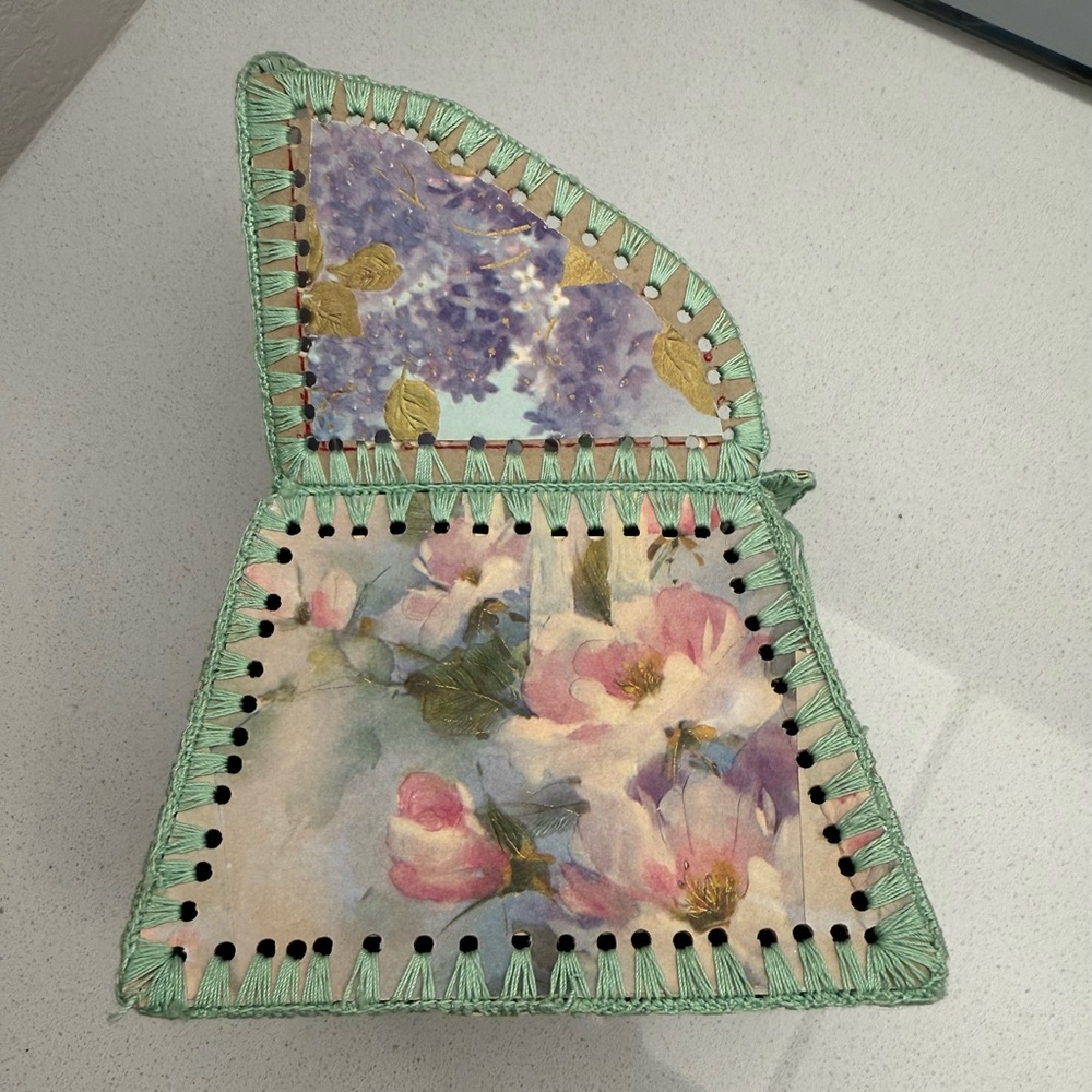 Vintage Handmaid Crocheted Greeting Card Sewing Basket Trinket Box Floral Chair - Picture 12 of 15